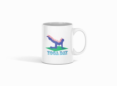 International Yoga Day Text In Red & Blue - Printed Coffee Mugs For Yoga Lovers