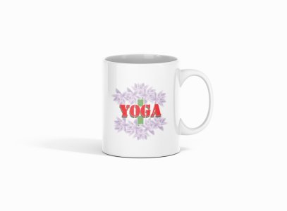 YogaText Written In Front Of Violet Flower - Printed Coffee Mugs For Yoga Lovers