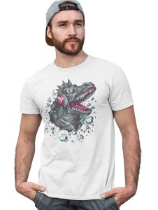 Dinasaur With Headphone White Round Neck Cotton Half Sleeved T-Shirt with Printed Graphics