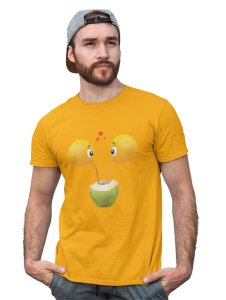 Loveable Emoji Couple Drinking Coconut Water Printed T-shirt (Yellow) - Clothes for Emoji Lovers - Suitable for Fun Events - Foremost Gifting Material for Your Friends and Close Ones