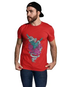 The Shooter And Roses Red Round Neck Cotton Half Sleeved T-Shirt with Printed Graphics