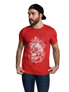 Tattooded Cranium Red Round Neck Cotton Half Sleeved T-Shirt with Printed Graphics