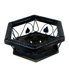 Premium quadrilateral six-sided wooden and wrought iron fruit and vegetable basket/ vessel/ Tokri for kitchen and dining table