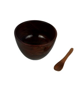 Wooden japanese flatten and glossy round bowl with two spoons for kitchen and dining table (Large)