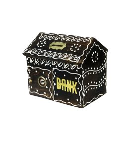 Artistic handcrafted dark-brown wooden money bank or gullak with a coin slot for childrens