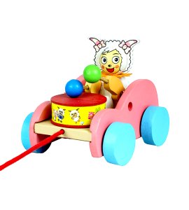 Wooden grand playful drum, drumstick and doll toy moving car game for childrens and toddlers