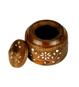 Wooden carving inlay pickle container with cap/lid for kitchen (Large)