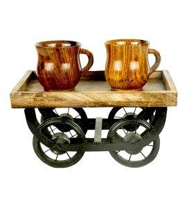 Wooden mini rural wheel bus/ cup keeper thela showpiece with 4 moving wheels for kitchen decor