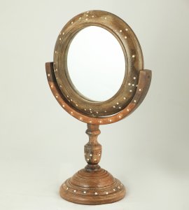 Handcrafted wooden table top circle portable mirror for makeup with stand /Worthy vintage mirror stand made for women