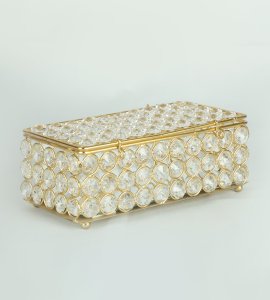 Rectangular Golden crystal box showpiece with transparent small beads with 2 hooks for home decoration purpose