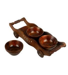 Grand vertically designed shape wooden wheel tray/ serving tray/ trolley tray with 3 snack bowls, wavy borders and 4 wheels for kitchen and dining table