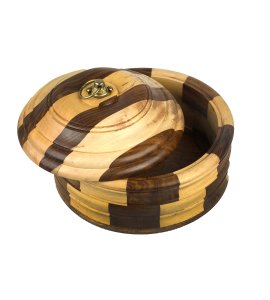 Indian wooden round brown striped roti and chapati box, roti keeper, casserole for kitchen and dining table