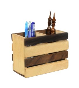 Wooden rectangular 4 broad bars based pen container/ pen holder /stationery storage holder for home and office (2 gaps)