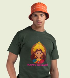Happy Navratri (Durga ma face) printed unisex adults round neck cotton half-sleeve green tshirt specially for Navratri festival/ Durga puja