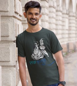 Dancing garba couple printed unisex adults round neck cotton half-sleeve green tshirt specially for Navratri festival/ Durga puja