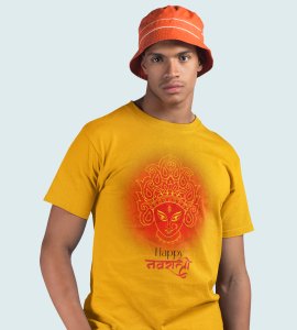 Happy Navratri (BG Red) printed unisex adults round neck cotton half-sleeve yellow tshirt specially for Navratri festival/ Durga puja