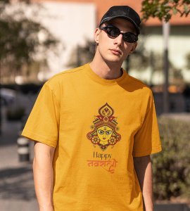 Durga ma face printed unisex adults round neck cotton half-sleeve yellow tshirt specially for Navratri festival/ Durga puja