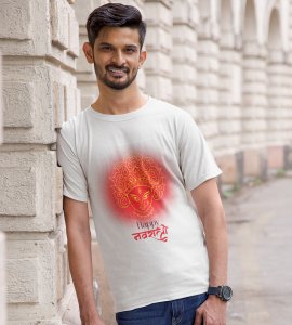 Happy navratri (BG red) printed unisex adults round neck cotton half-sleeve white tshirt specially for Navratri festival/ Durga puja