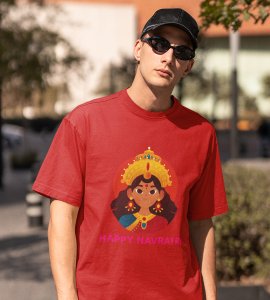Durga maa animation face printed unisex adults round neck cotton half-sleeve red tshirt specially for Navratri festival/ Durga puja