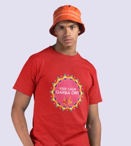 Keep calm printed unisex adults round neck cotton half-sleeve red tshirt specially for Navratri festival/ Durga puja