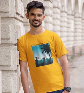 Blue rectangular box scenery printed unisex adults round neck cotton half-sleeve yellow tshirt specially for Navratri festival/ Durga puja