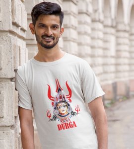 Maa durga (3 trishuls) printed unisex adults round neck cotton half-sleeve white tshirt specially for Navratri festival/ Durga puja