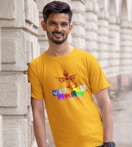 Durga maa face lining printed unisex adults round neck cotton half-sleeve yellow tshirt specially for Navratri festival/ Durga puja