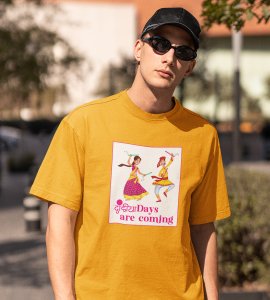 Dandiya days are coming printed unisex adults round neck cotton half-sleeve yellow tshirt specially for Navratri festival/ Durga puja