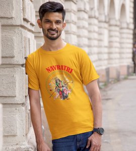 Durga maa idol printed unisex adults round neck cotton half-sleeve yellow tshirt specially for Navratri festival/ Durga puja