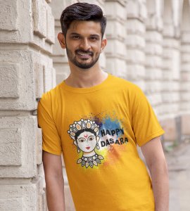Happy Dasara (white) printed unisex adults round neck cotton half-sleeve yellow tshirt specially for Navratri festival/ Durga puja