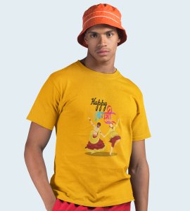 Colourful navratri text printed unisex adults round neck cotton half-sleeve yellow tshirt specially for Navratri festival/ Durga puja