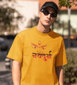 Navdurga printed unisex adults round neck cotton half-sleeve yellow tshirt specially for Navratri festival/ Durga puja