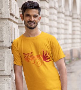 Scandamatini(hands) printed unisex adults round neck cotton half-sleeve yellow tshirt specially for Navratri festival/ Durga puja