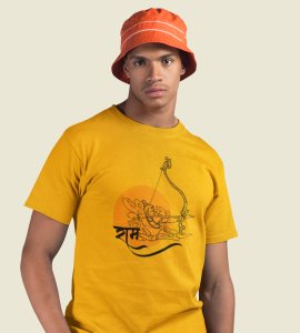 Ram text, Circle enhanced printed unisex adults round neck cotton half-sleeve yellow tshirt specially for Navratri festival/ Durga puja