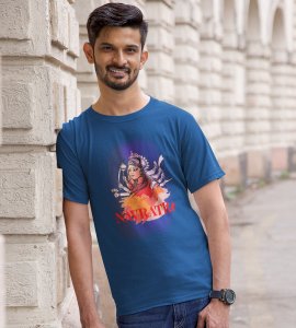 Maa durga potrait (BG pink) printed unisex adults round neck cotton half-sleeve blue tshirt specially for Navratri festival/ Durga puja
