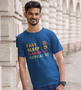 Fast, sleep, garba, repeat printed unisex adults round neck cotton half-sleeve blue tshirt specially for Navratri festival/ Durga puja