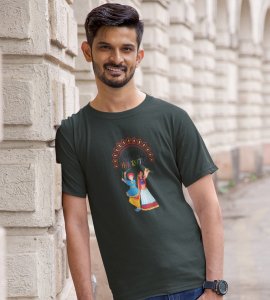 Traditional dressup couple printed unisex adults round neck cotton half-sleeve green tshirt specially for Navratri festival/ Durga puja