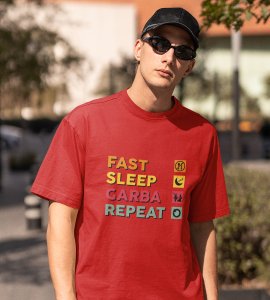 Fast, sleep, garba, repeat printed unisex adults round neck cotton half-sleeve red tshirt specially for Navratri festival/ Durga puja