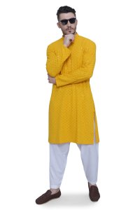 Vibrant Yellow Chikankari Men's Kurta Set in High-Quality Fabric