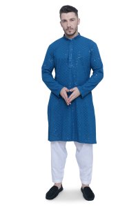 Exquisite Feroze Blue Chikankari Men's Kurta Set in High-Quality Fabric