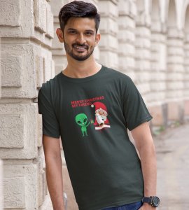 Santa With His Friend : Most Uniquely Printed T-shirt (Green) Best Gift For Boys Girls