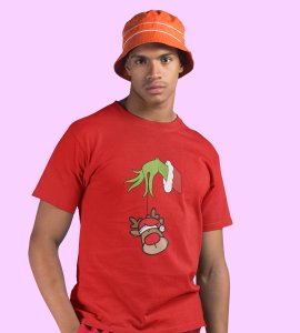 Alien & Reindeer:(Red) Christmas Edition Printed T-shirt - Ideal for Spreading Holiday Cheer at Gym, Yoga, and Outdoor Activities