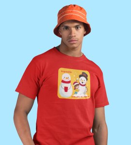 Warm Snowman : Beautifully Printed T-shirt (Red) Perfect Gift For Christmas Eve