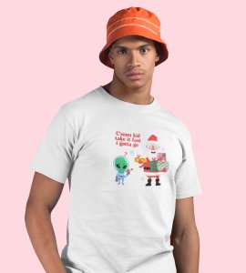 Santa And Alien's Talk : Elegantly Printed T-shirt (White) Best Gift For Boys Girls