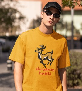 Hustling Reindeer : Funny & Cute Printed T-shirt (Yellow) Perfect Gift For Secret Santa