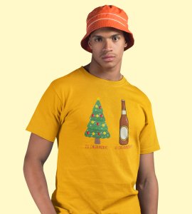 Christmas Cheer Later Chilled Beer: Humorously Printed T-shirt (Yellow) Perfect Gift For Secret Santa