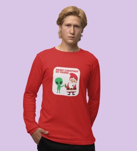 Cute Santa With Alien: Cutest DesignedFull Sleeve T-shirt Red Best Gift For Kids