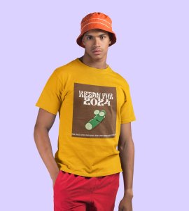 Get Ready For 2024 Yellow Printed T-shirt For Mens On New Year Theme Best Gift For New Year