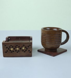Unique Handcrafted Wooden Square Coasters With Wooden Case, For Beverages On Table- Set Of 5