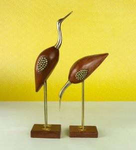Wooden and Brass, Antique Decorative Crane Love Birds Showpiece Home Decor - Set of 2